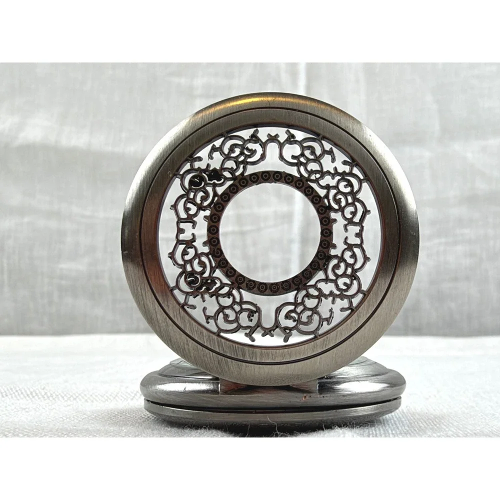 Gunmetal Filigree Skeleton Pocket Watch Vintage Ornate Engraved Case Steampunk